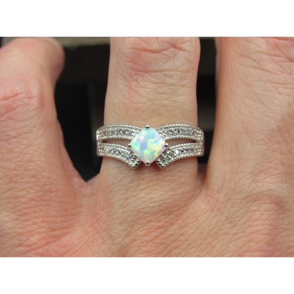 Size 7 Sterling Silver Square White Opal With Cubic Zirconia Band Ring - Picture 1 of 8